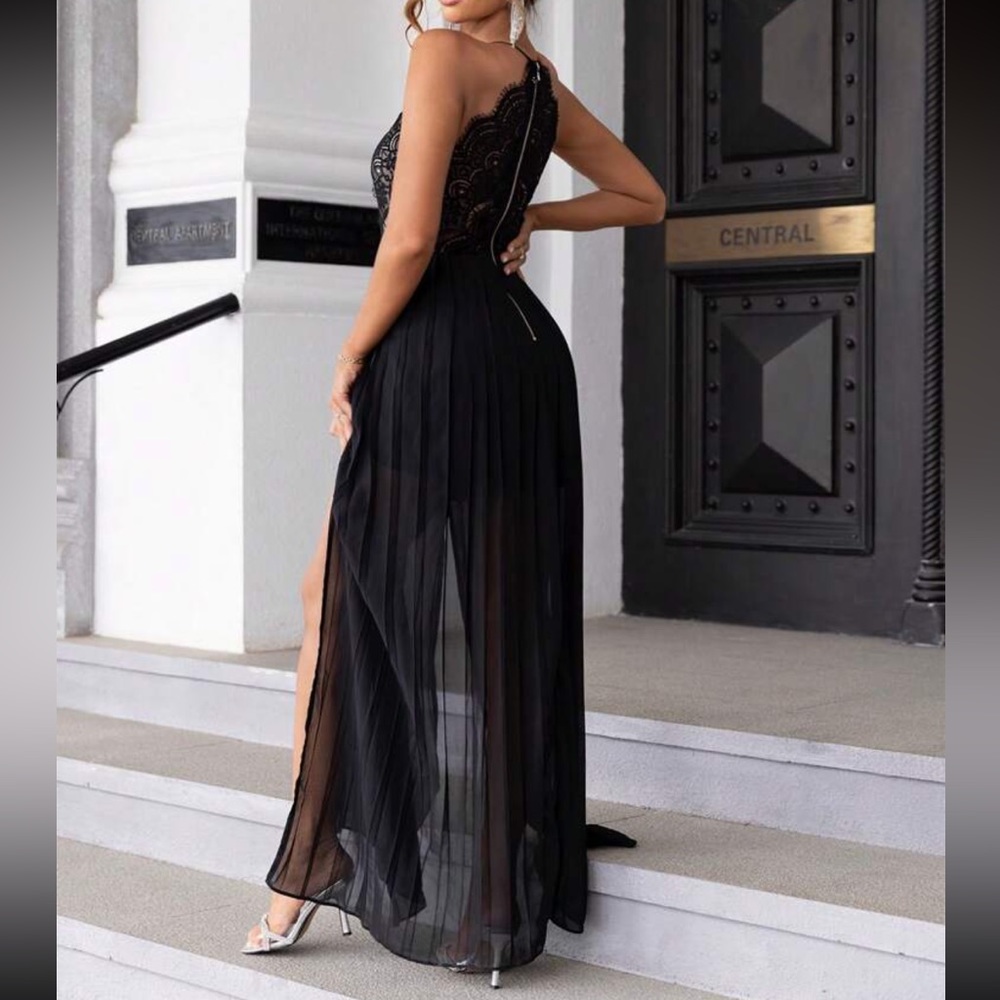 Luxe lace slit thigh party formal prom wedding cami dress - Picture 3 of 5